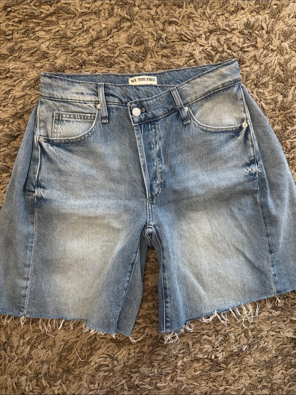 We The Free Boomerang High Rise Long Short Light Wash Frayed Denim Cutoff Shorts